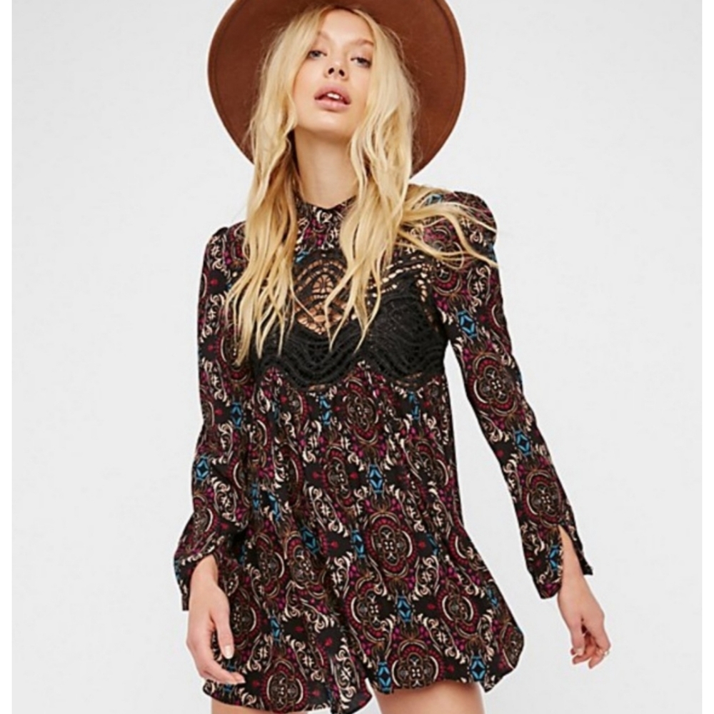 Free People Black With Colors Long Sleeve High Low Dress With Knitted Lace